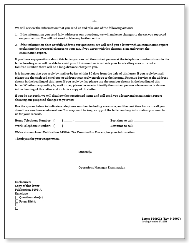 IRS Audit Letter 566(CG) - Sample 5