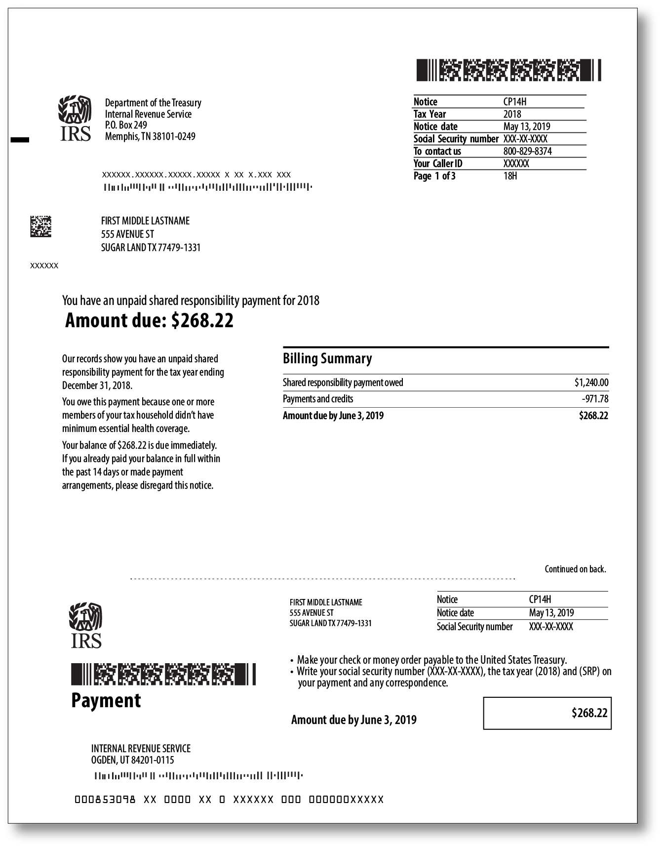 IRS Audit Letter CP14H - Sample 1