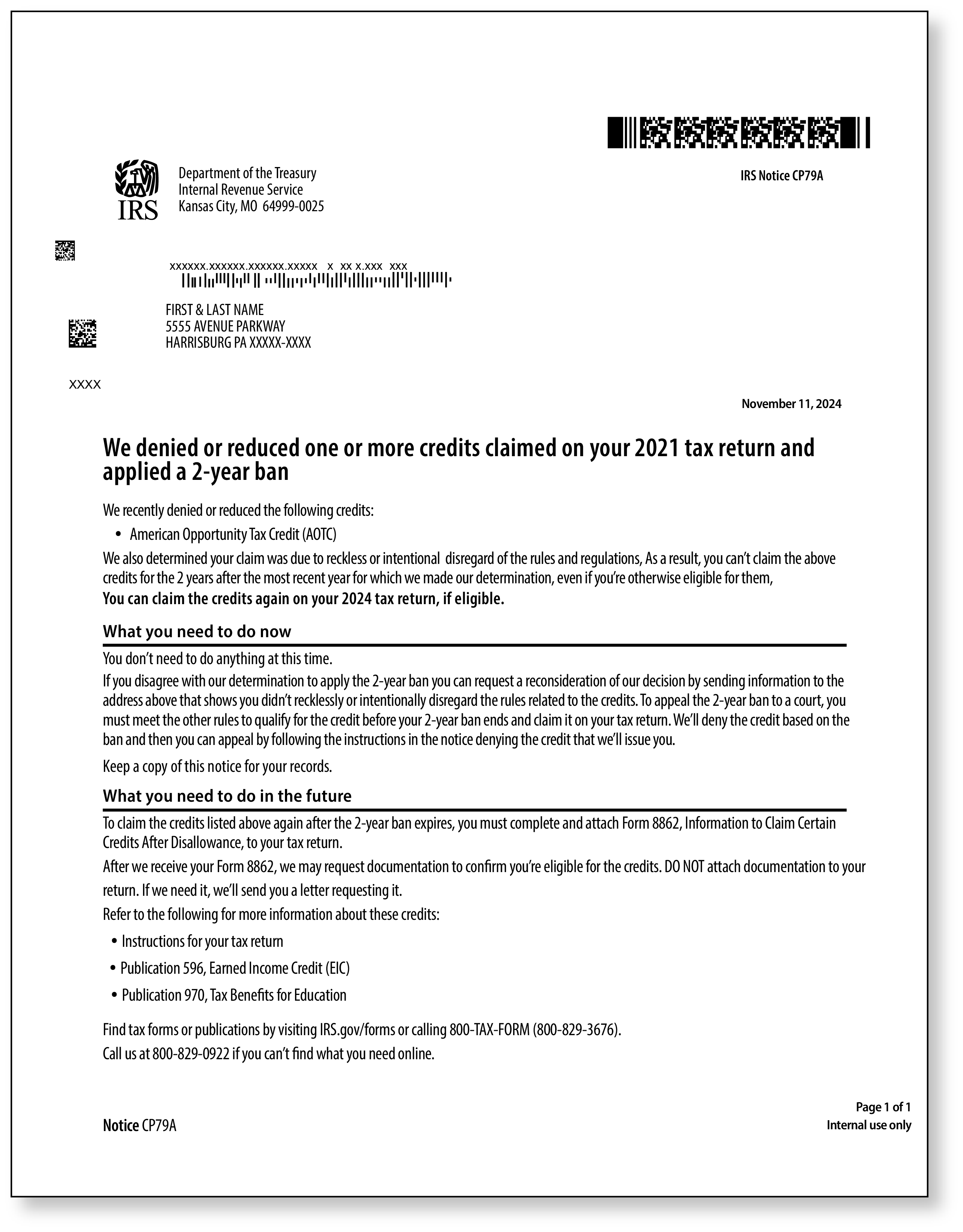 IRS Audit Letter CP79A - Sample 1