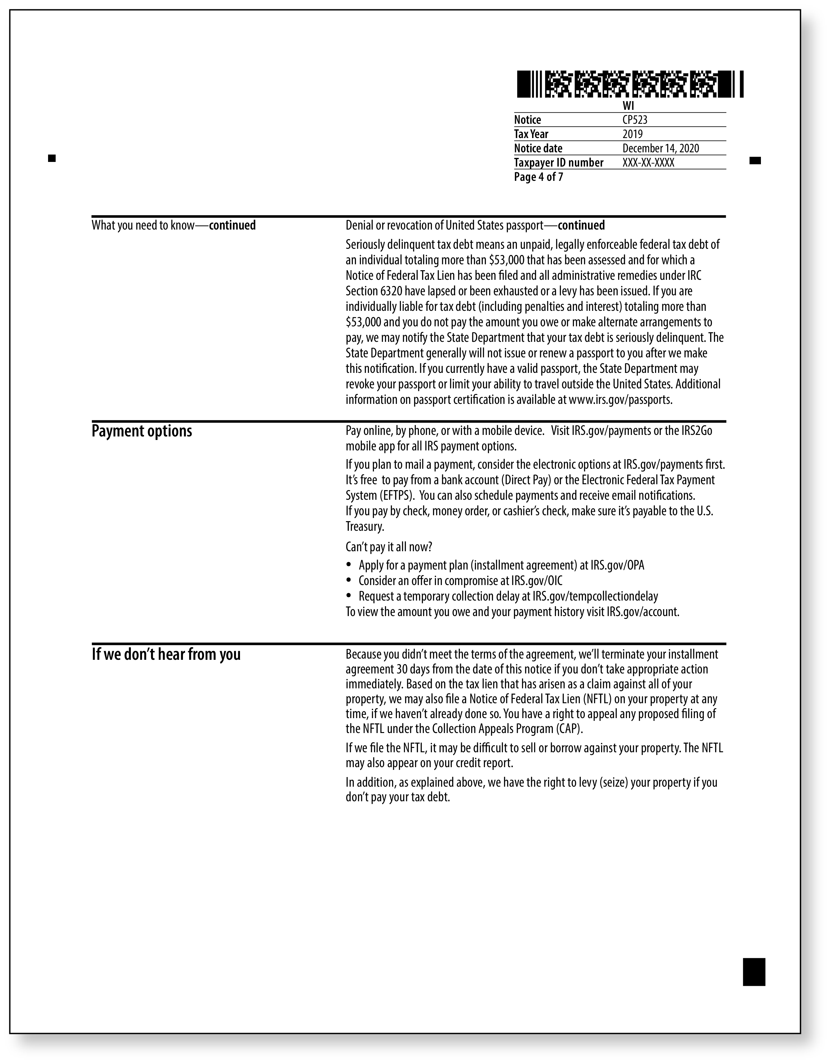 IRS Audit Letter CP523 - Sample 1