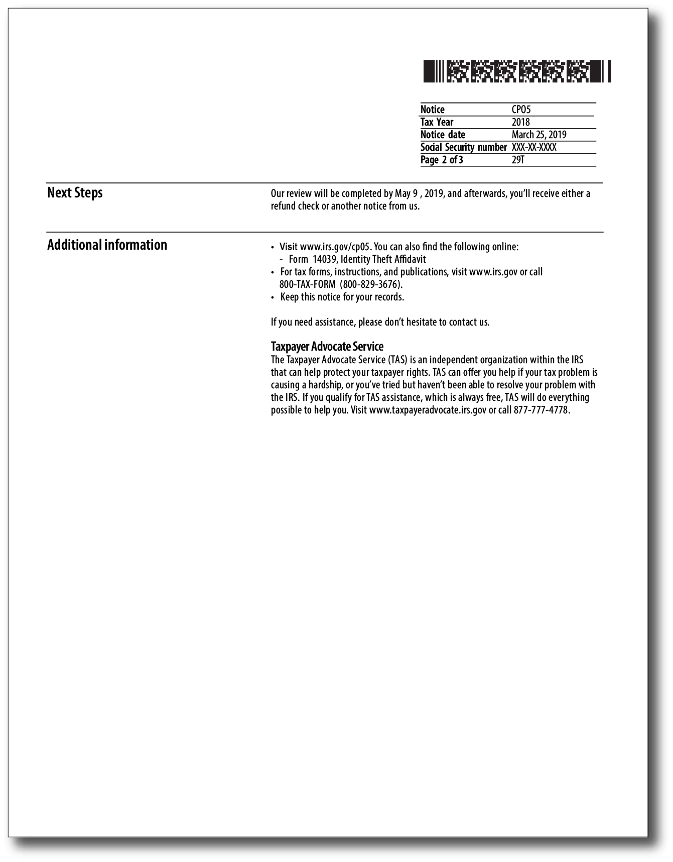 IRS Audit Letter CP05 - Sample 1