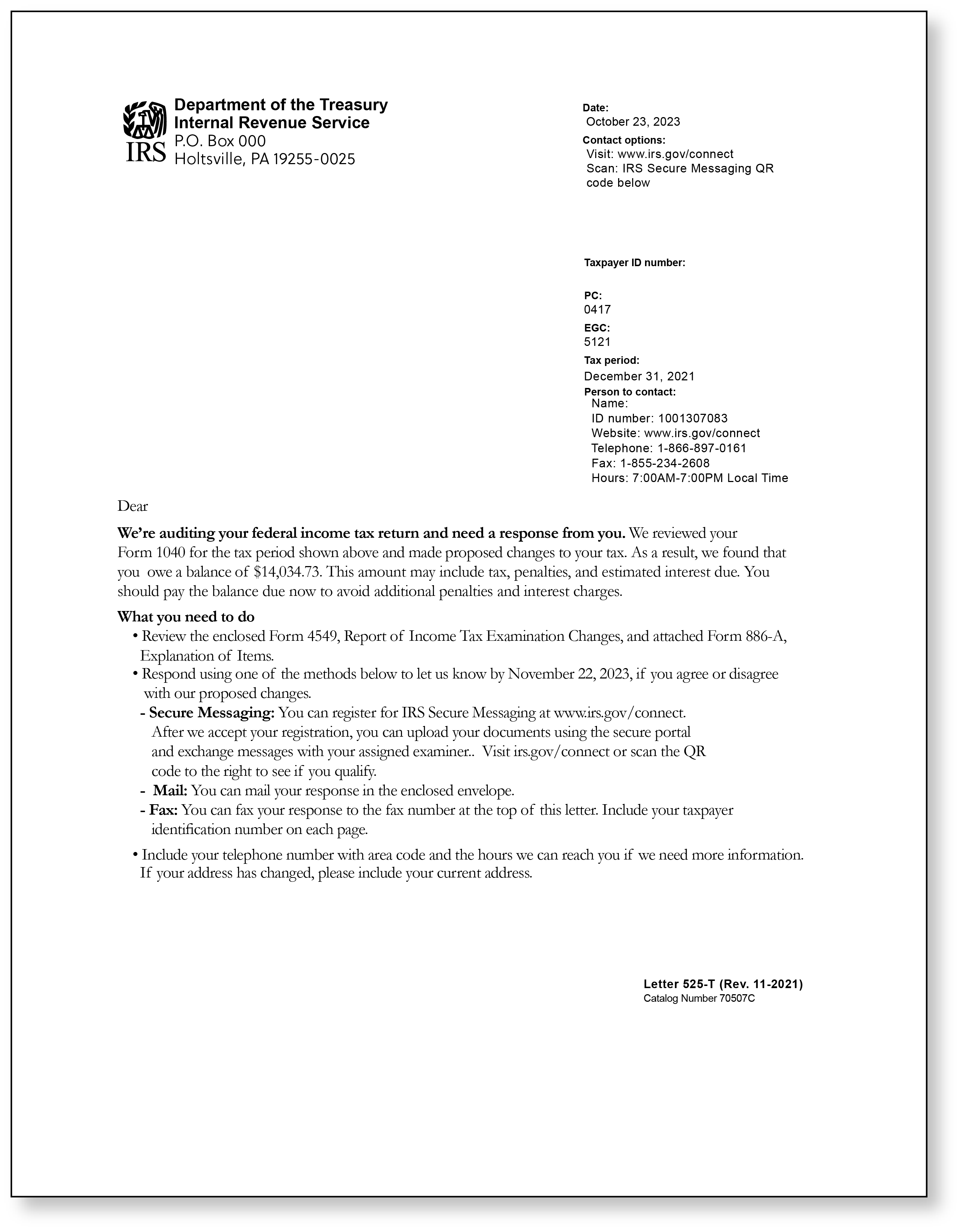 IRS Audit Letter 525 - Sample 1