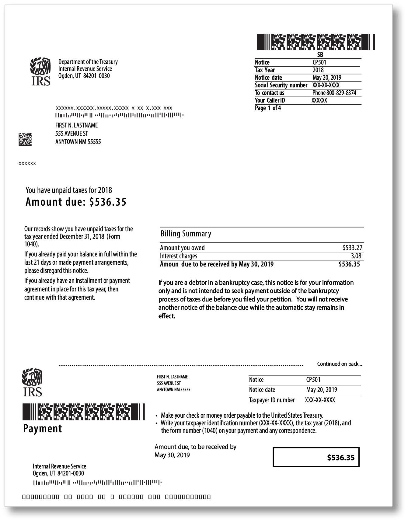 IRS Audit Letter CP501 - Sample 1