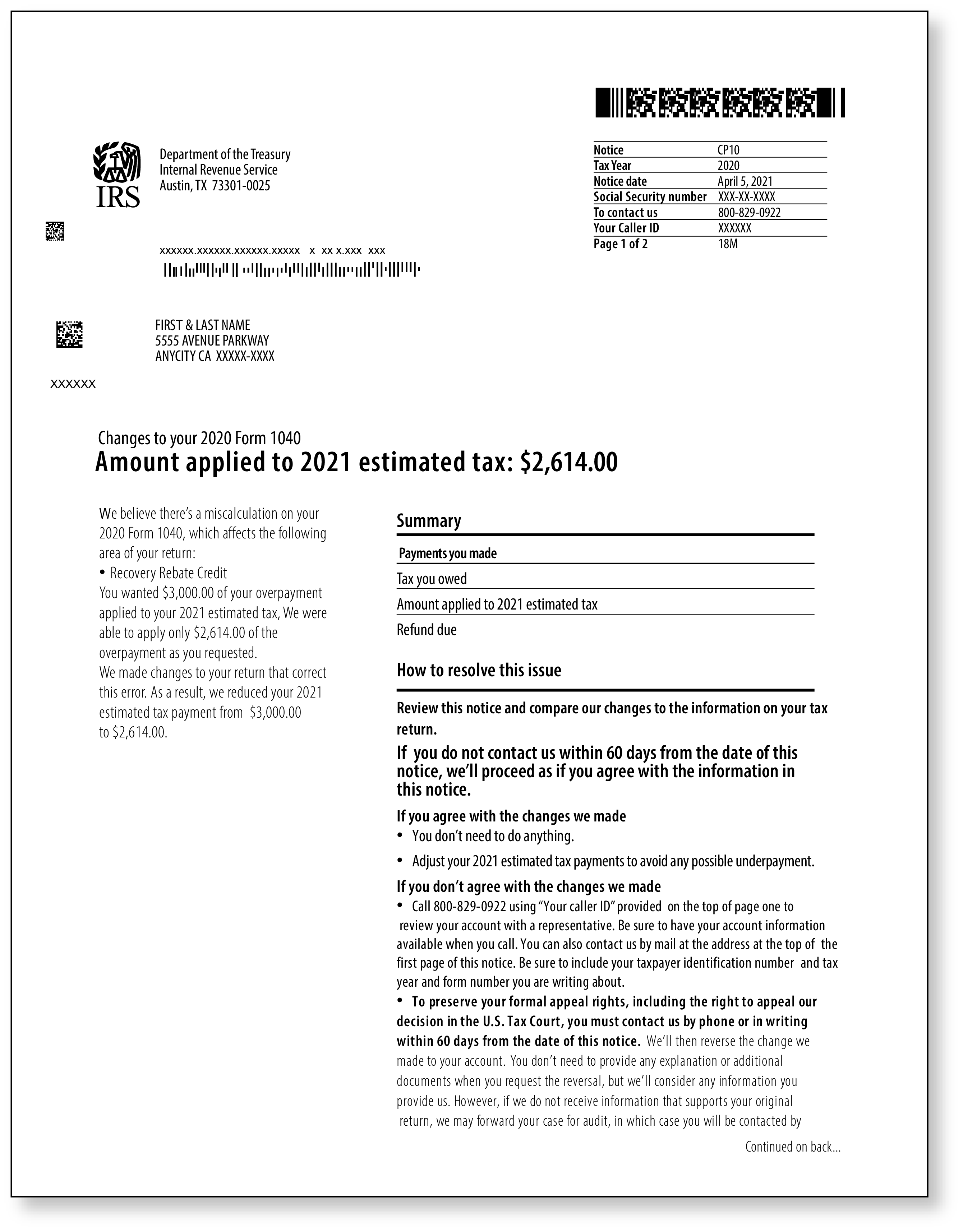 IRS Audit Letter CP10 - Sample 1