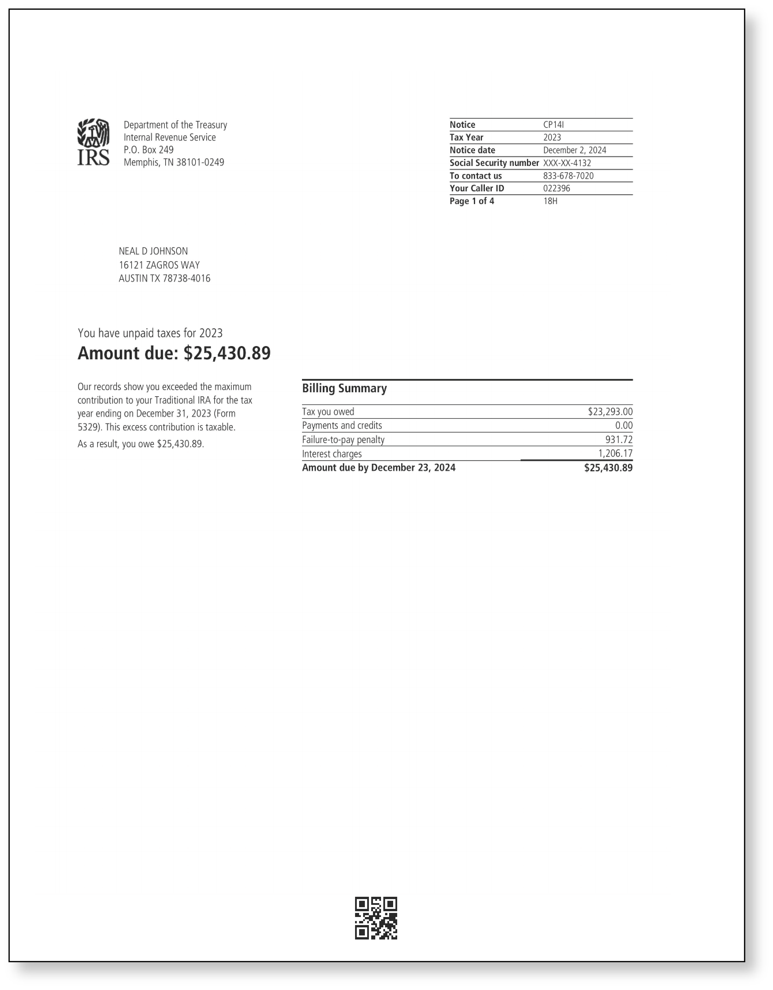 IRS Audit Letter CP14I - Sample 1