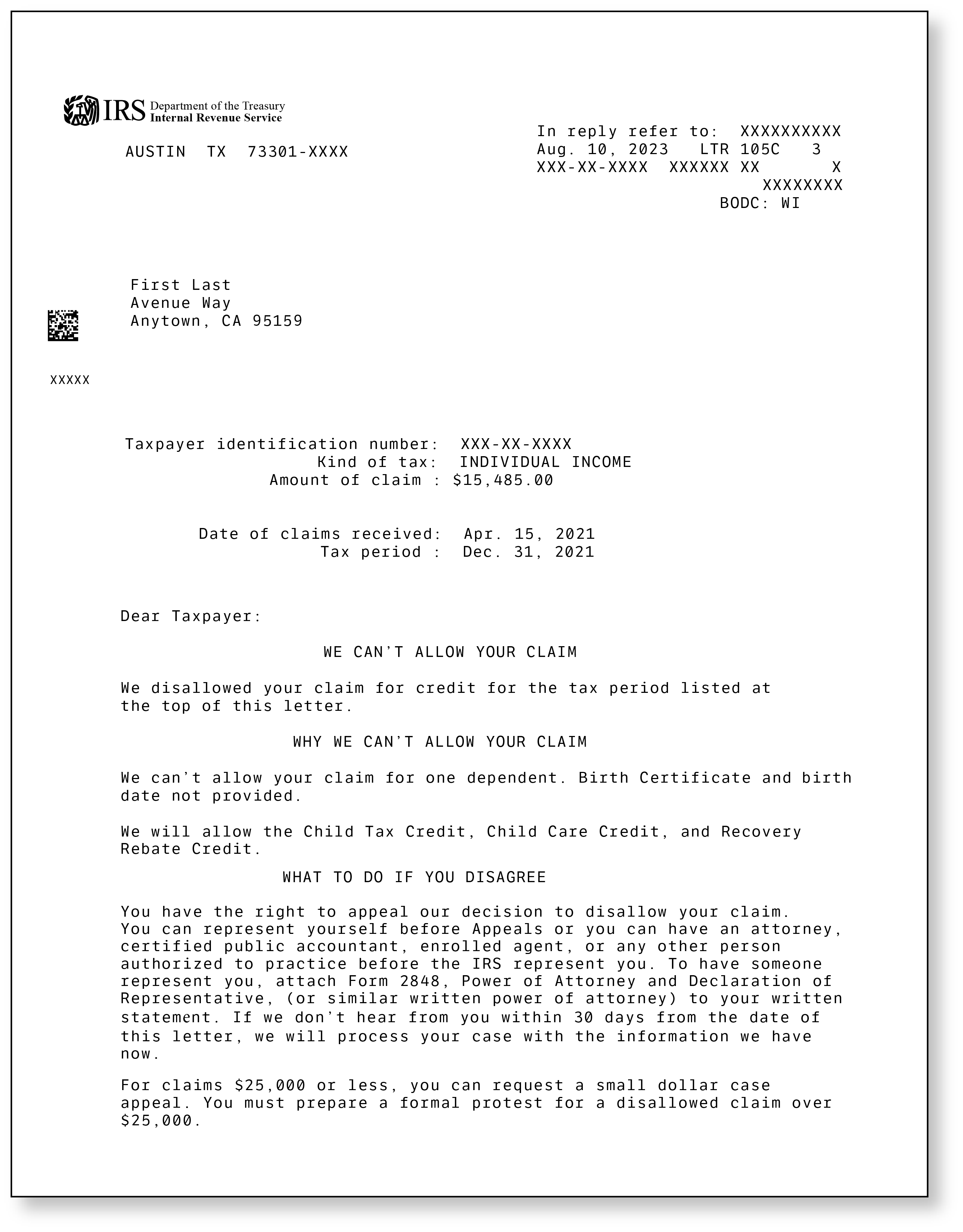 IRS Audit Letter 105C - Sample 1