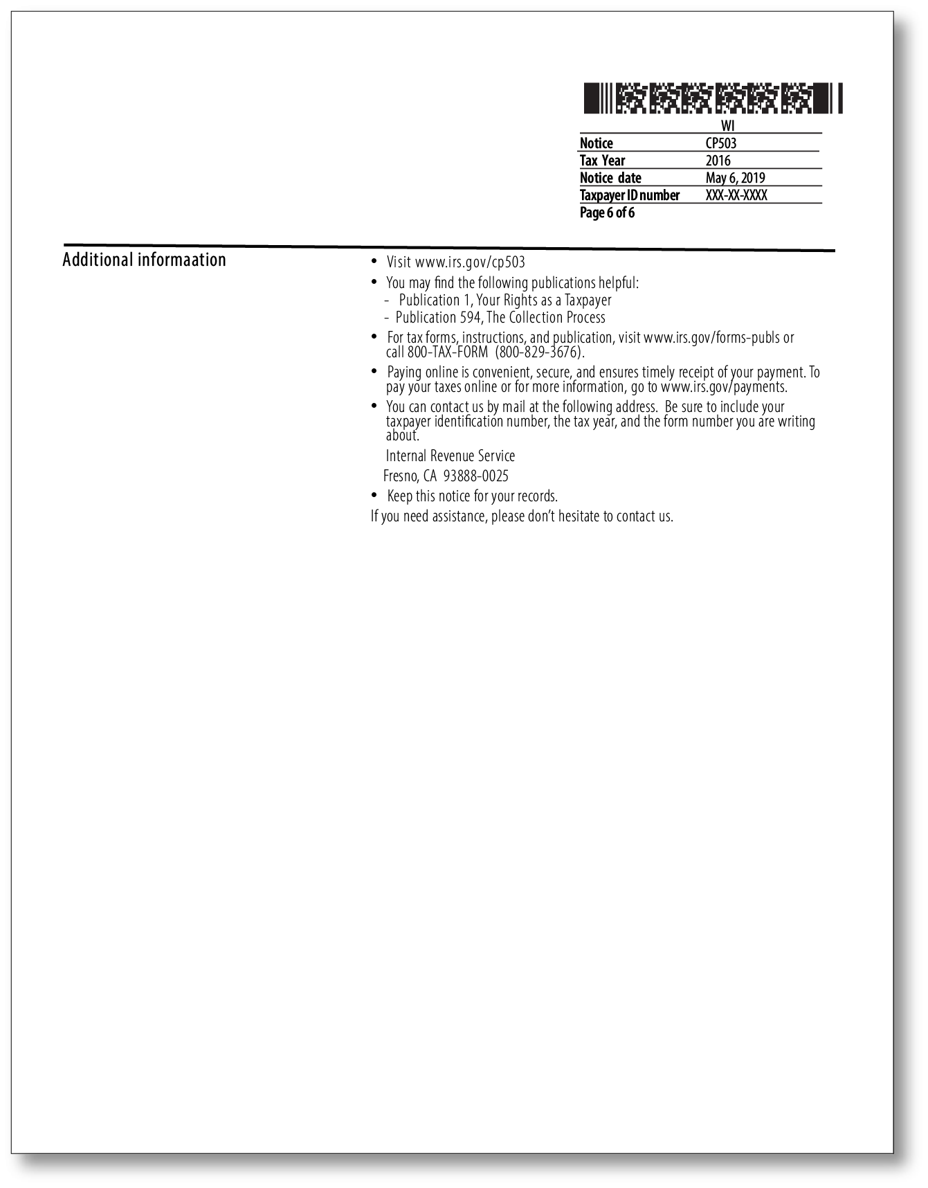 IRS Audit Letter CP503 - Sample 1