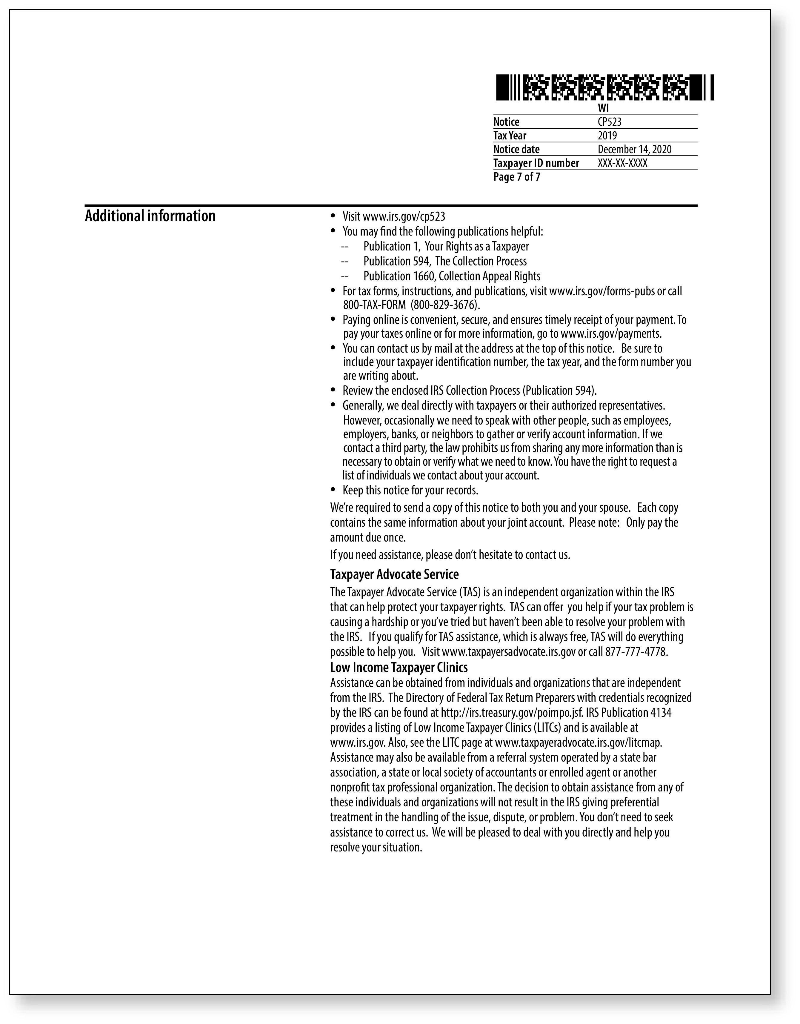 IRS Audit Letter CP523 - Sample 1