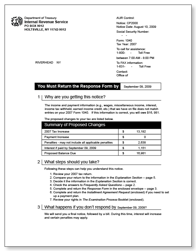 IRS Audit Letter CP2000 - Sample 7