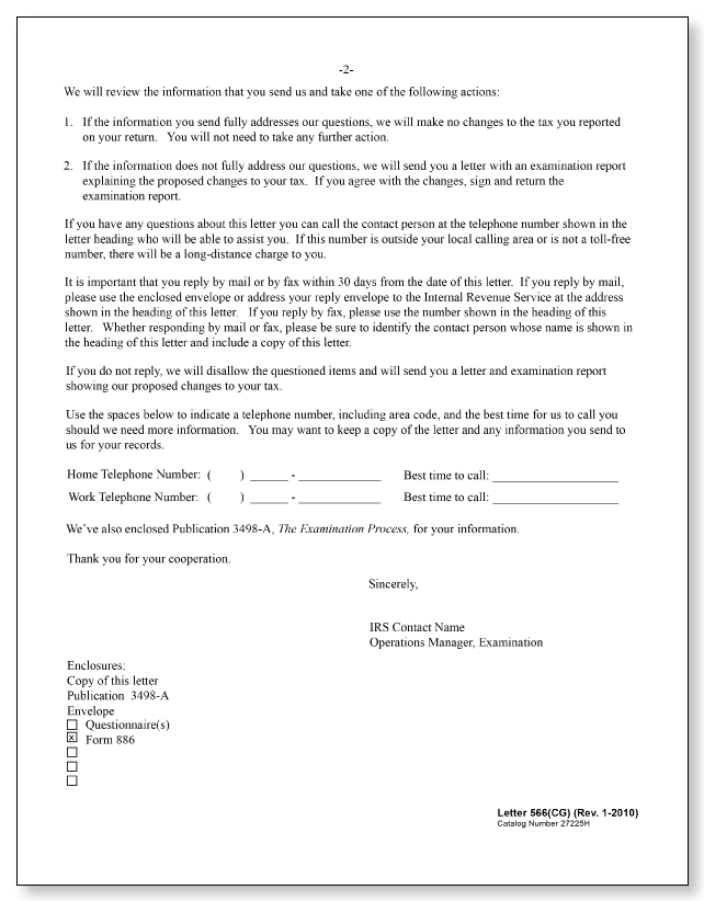 IRS Audit Letter 566(CG) - Sample 3