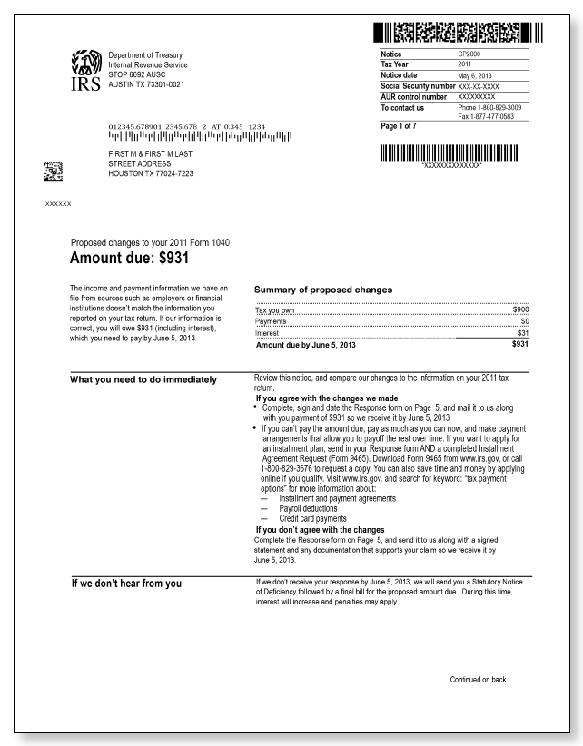 IRS Audit Letter CP2000 - Sample 3 