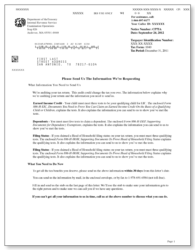 IRS Audit Letter CP75A - Sample 1 