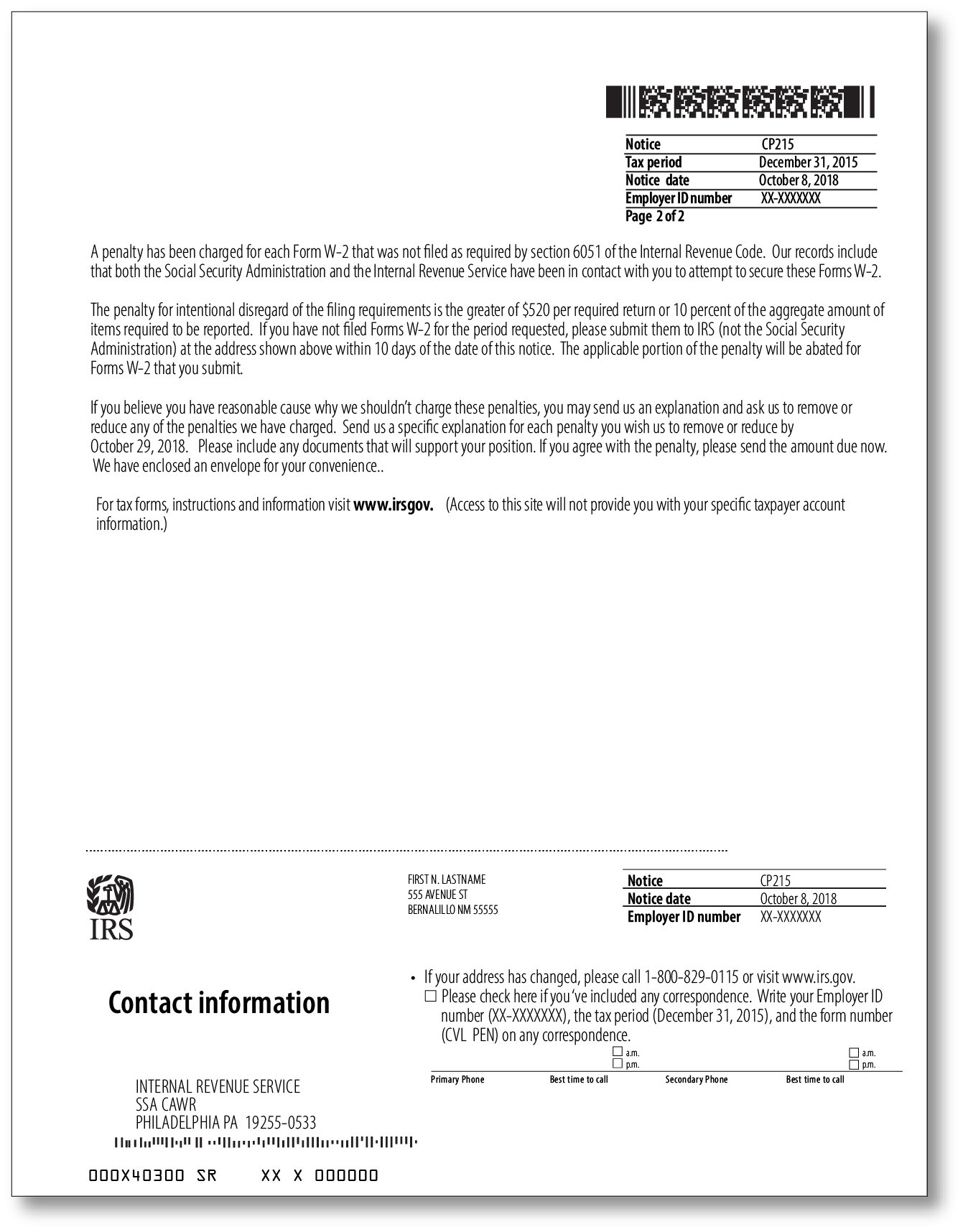 IRS Audit Letter CP215 - Sample 2