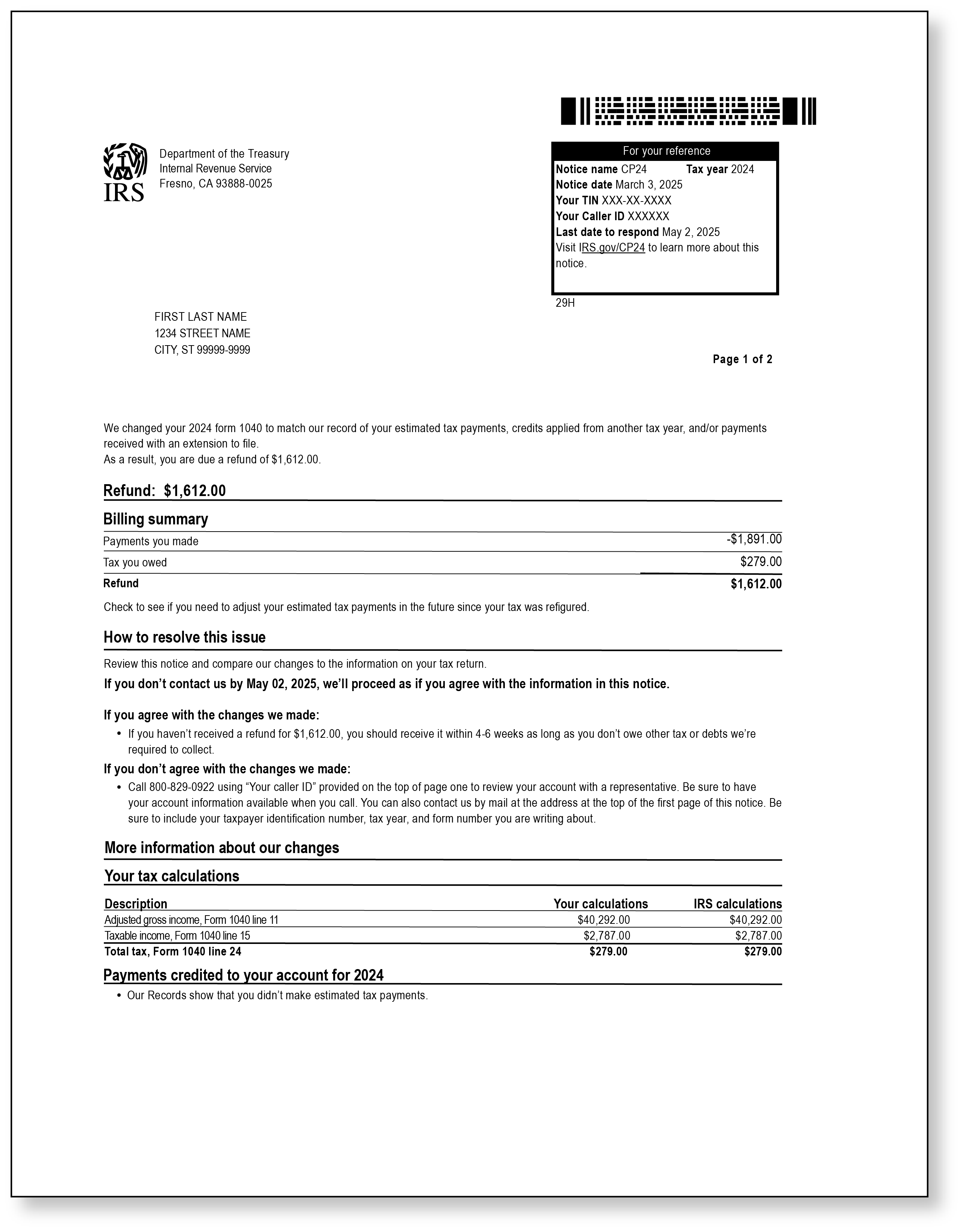 IRS Audit Letter CP24 - Sample 2