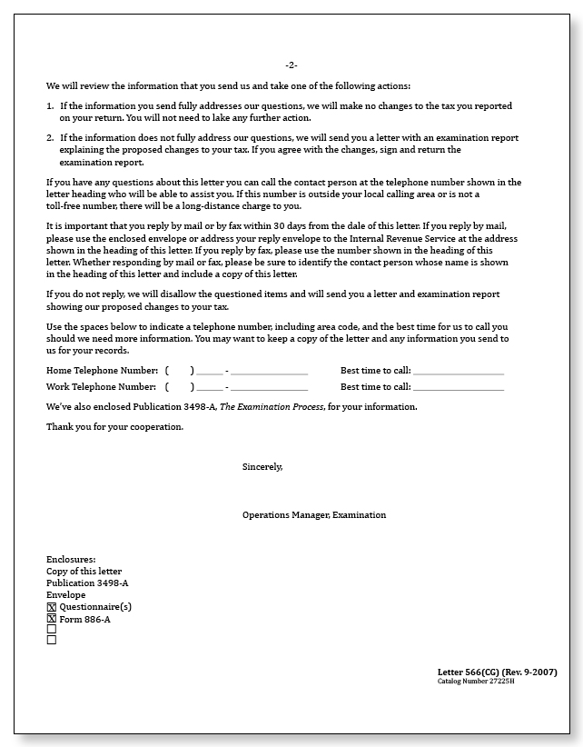 IRS Audit Letter 566(CG) - Sample 4