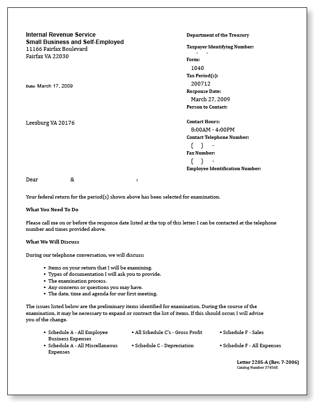 IRS Audit Letter 2205-A - Sample 11