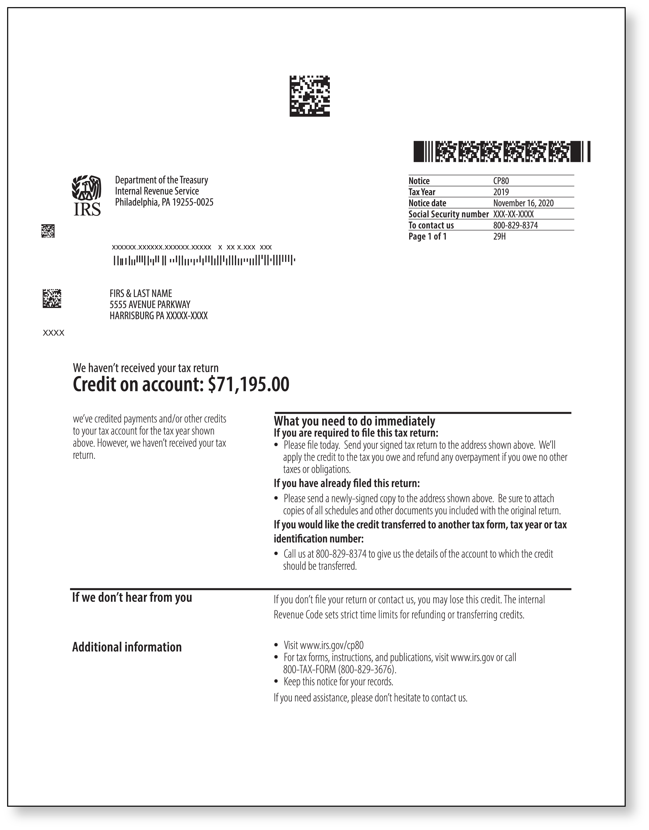 IRS Audit Letter CP80 - Sample 1