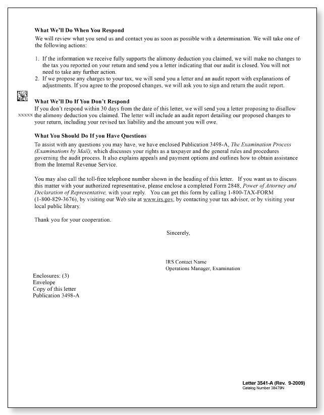 IRS Audit Letter 3541-A - Sample 1