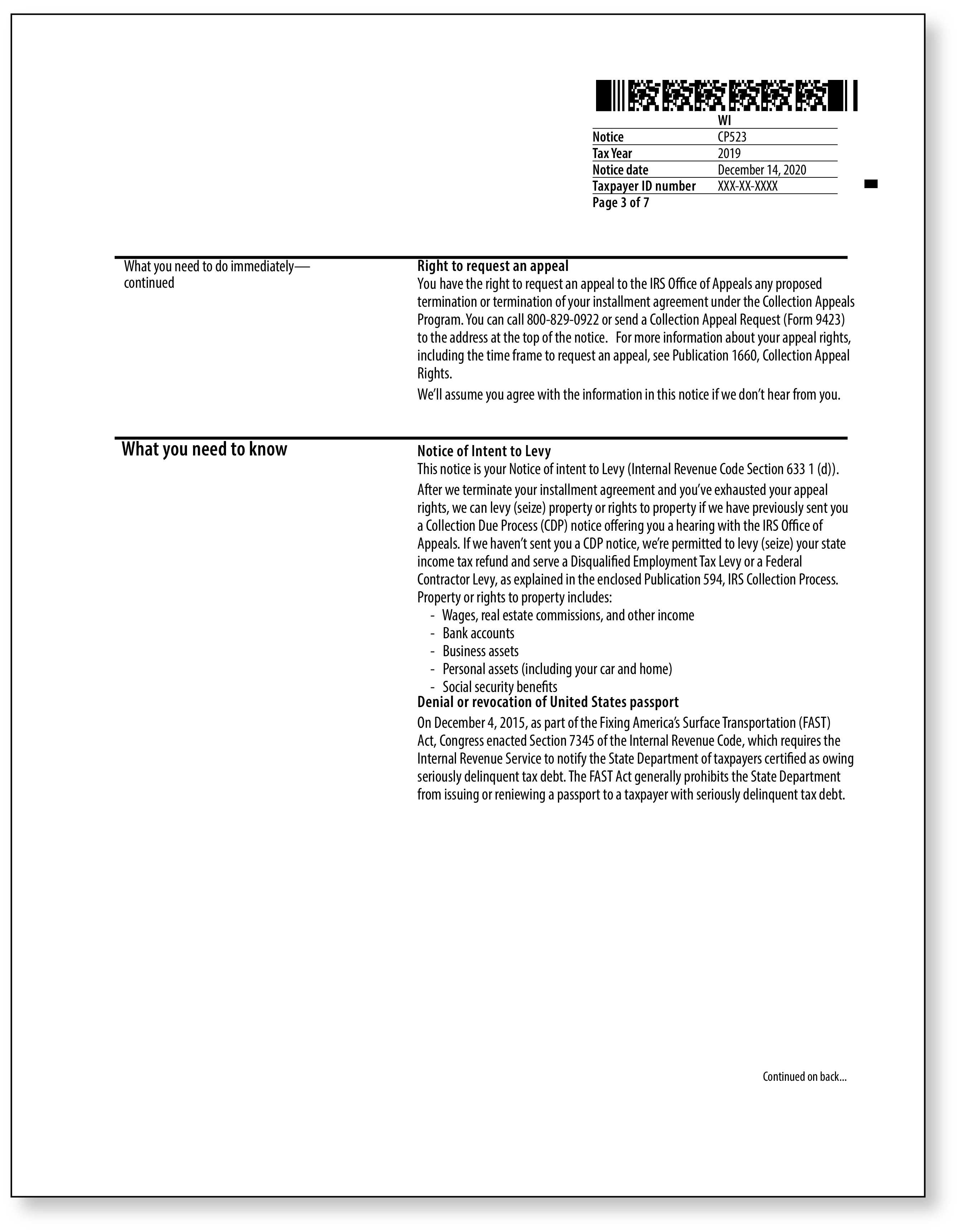 IRS Audit Letter CP523 - Sample 1