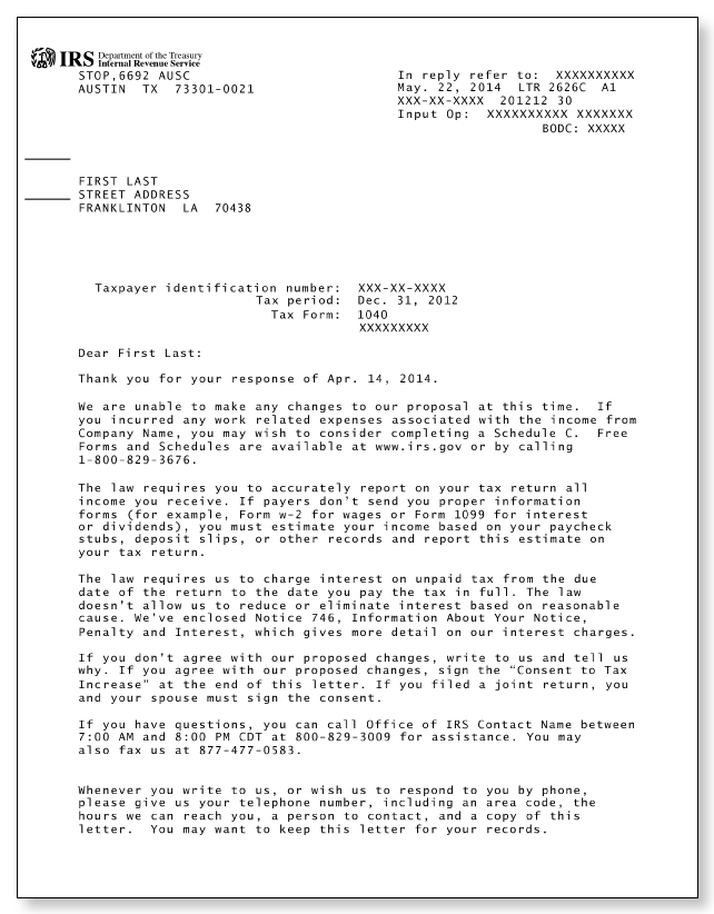 IRS Audit Letter 2626C - Sample 1