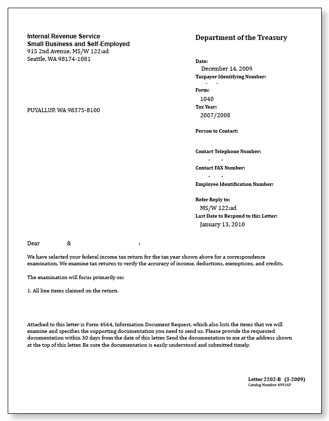 IRS Audit Letter 2202-B - Sample 1