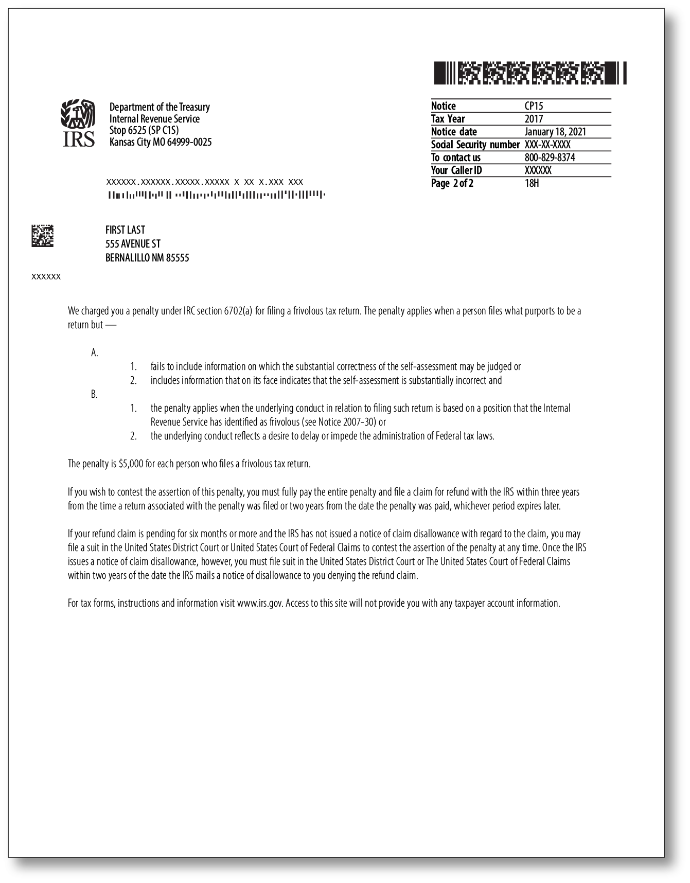 IRS Audit Letter CP15 - Sample 1