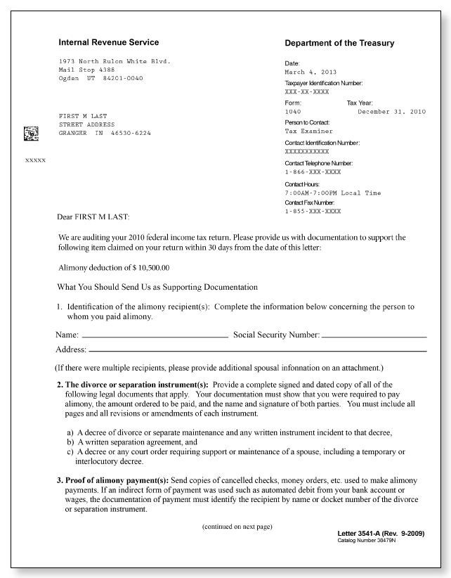 IRS Audit Letter 3541-A - Sample 1