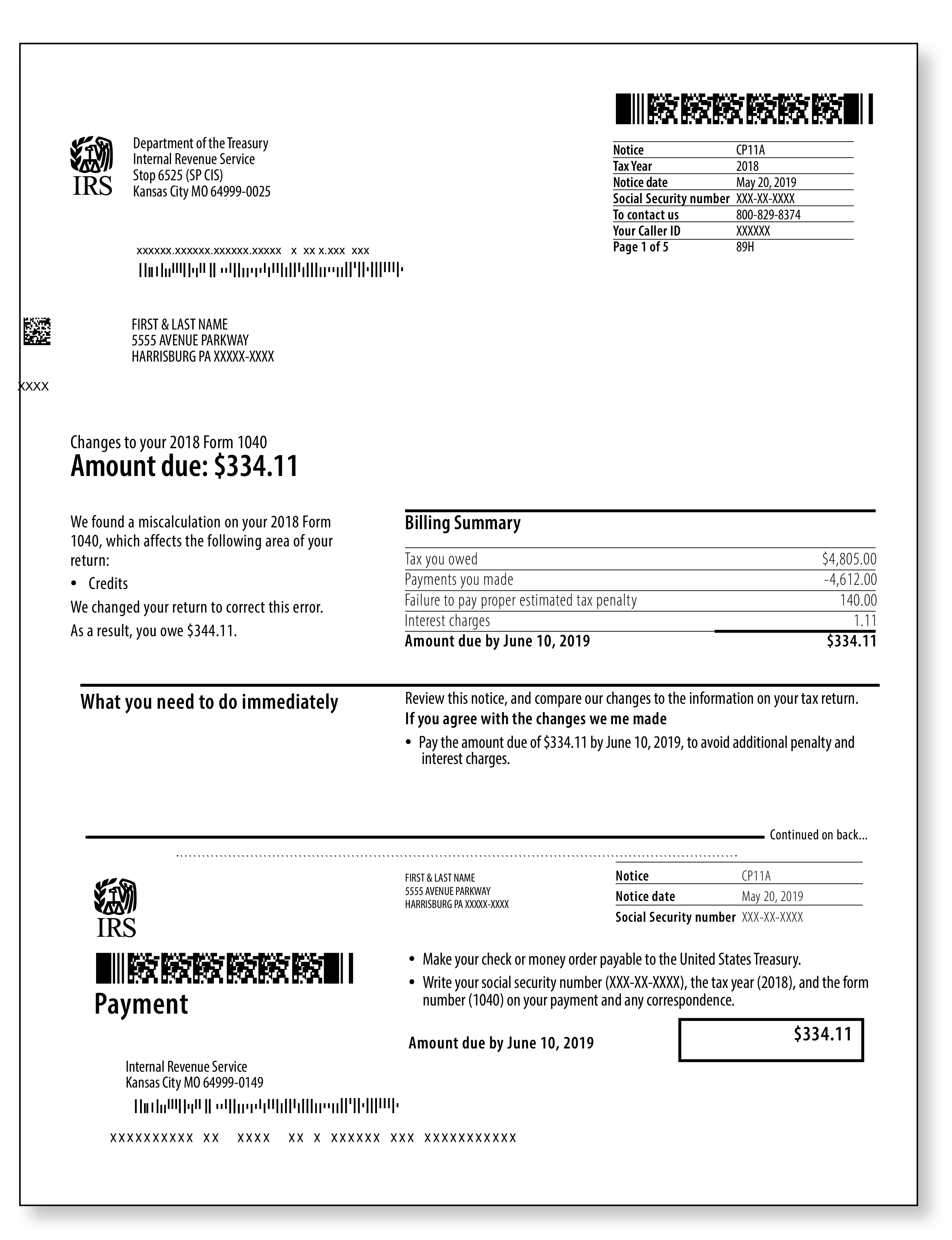 IRS Audit Letter CP11A - Sample 1