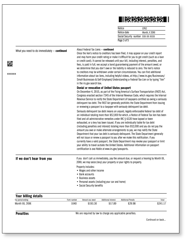 IRS Audit Letter CP92 - Sample 1