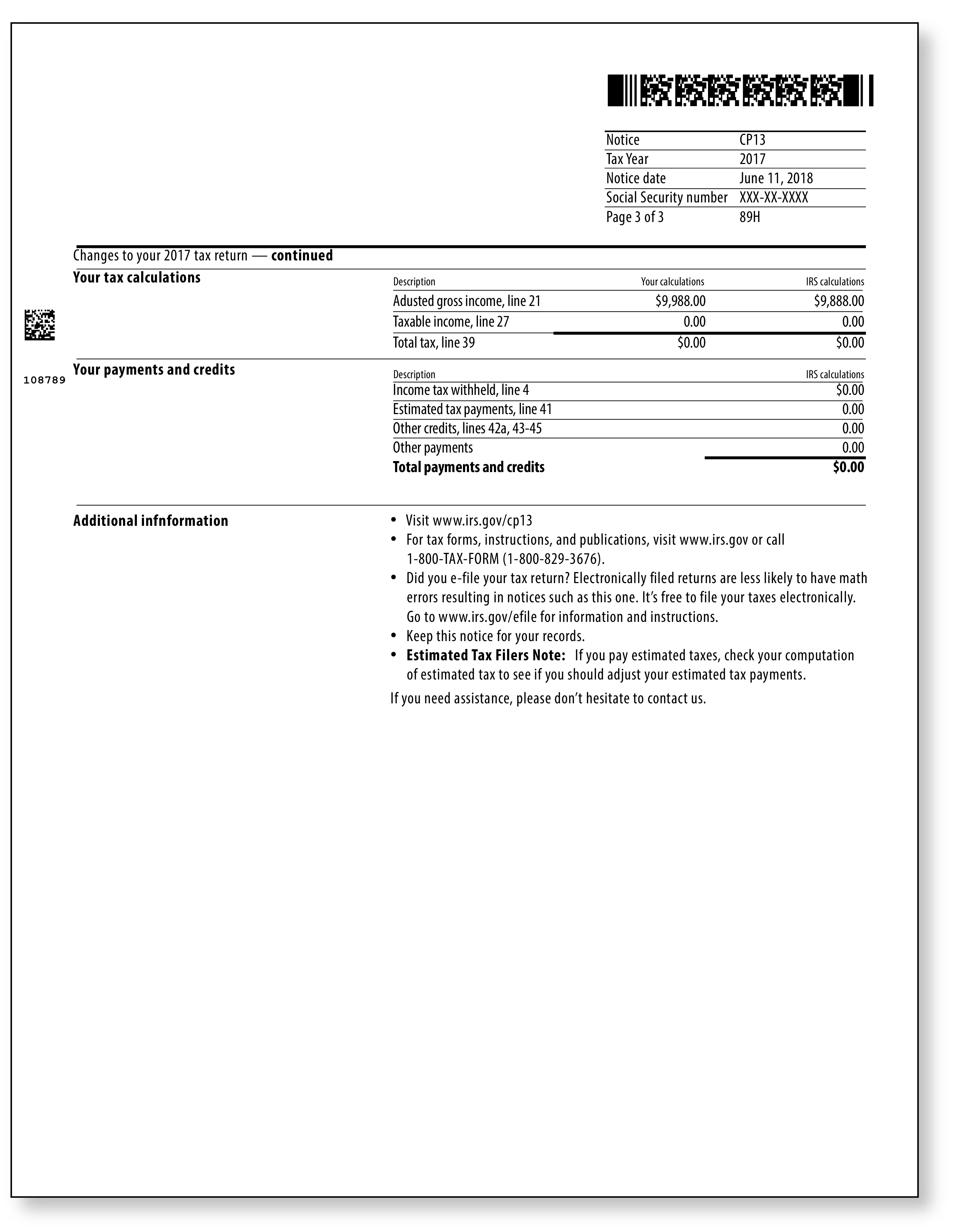 IRS Audit Letter CP13 - Sample 1