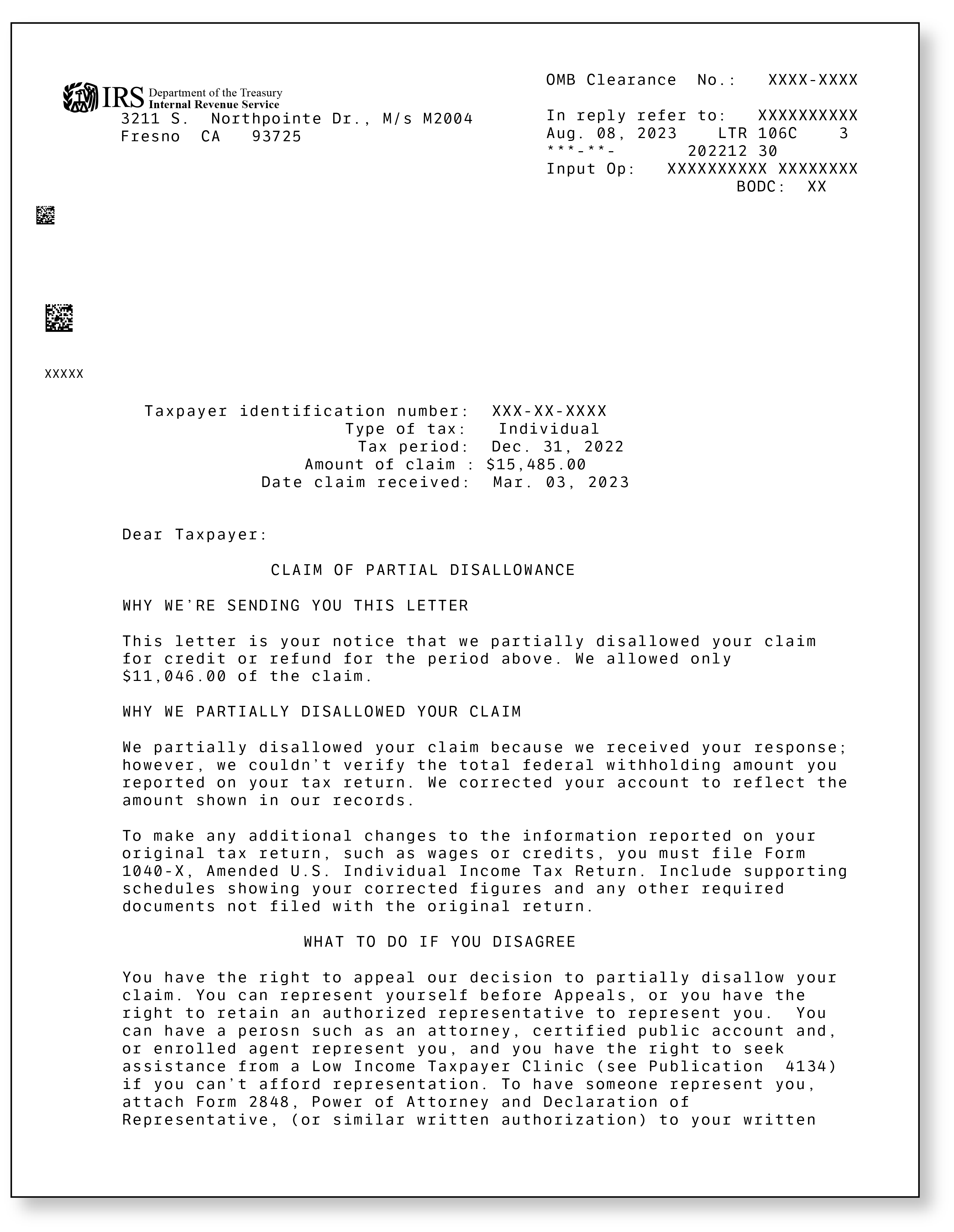 IRS Audit Letter 106C - Sample 1