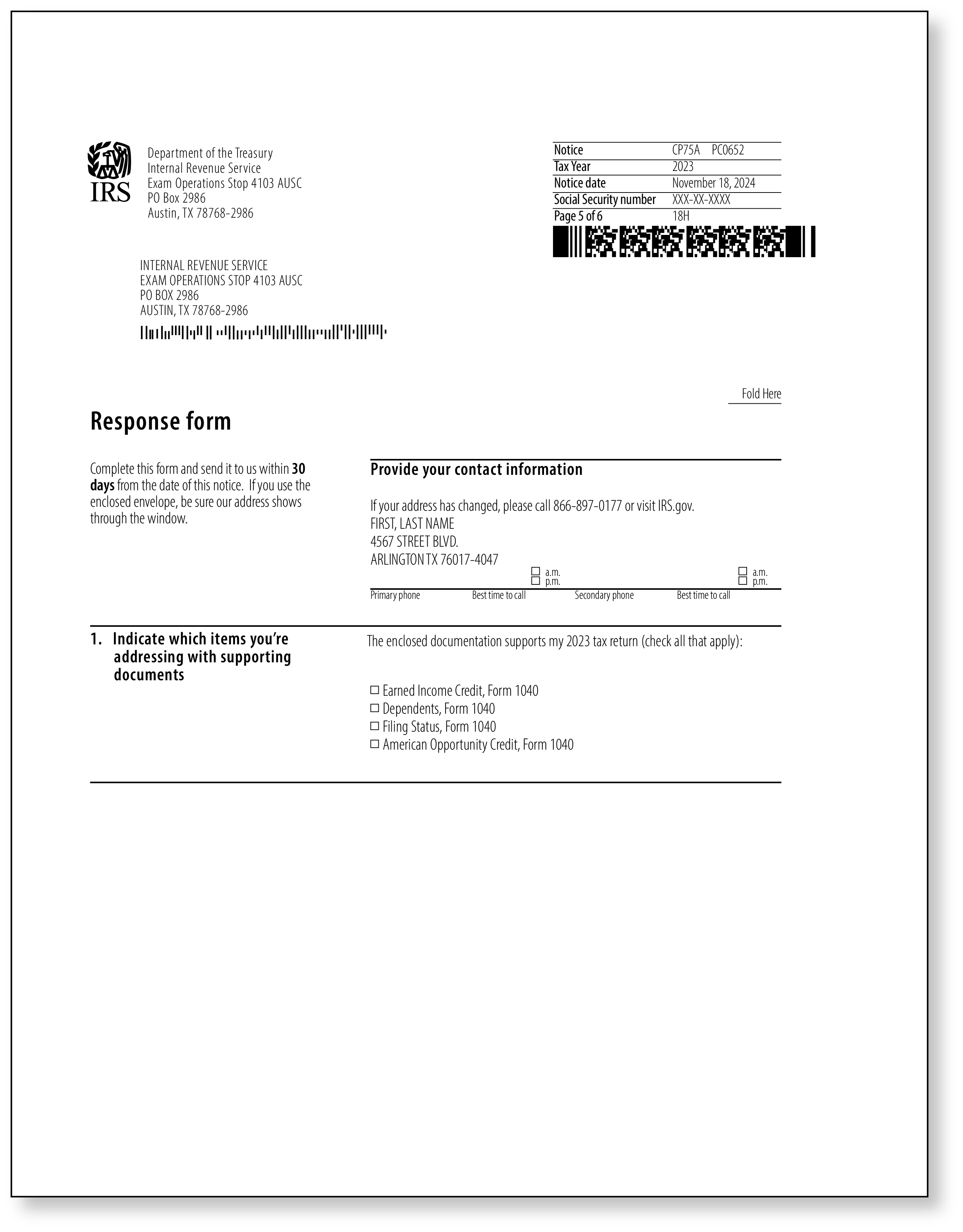 IRS Audit Letter CP75A - Sample 2